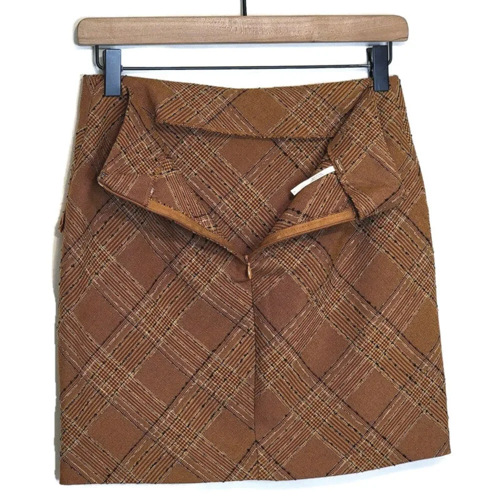 Free People Plaid Tweed Brown Mini Skirt Fringe Boho Preppy Fall Size 0
